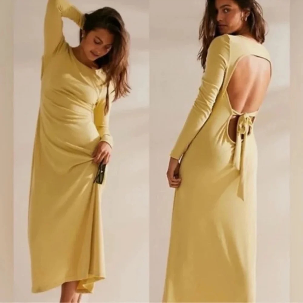 New! Free People Beach Aubre Open-Back Essential Maxi Yellow Nwot 33622